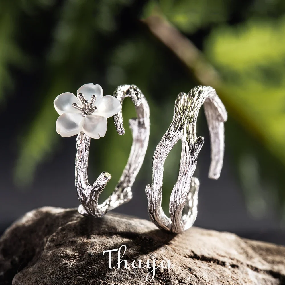 Thaya White Cherry Blossom Silver Rings s925 Silver Natural Pearl Shell Flower Rings for Women Elegant Ladies Jewelry For Couple