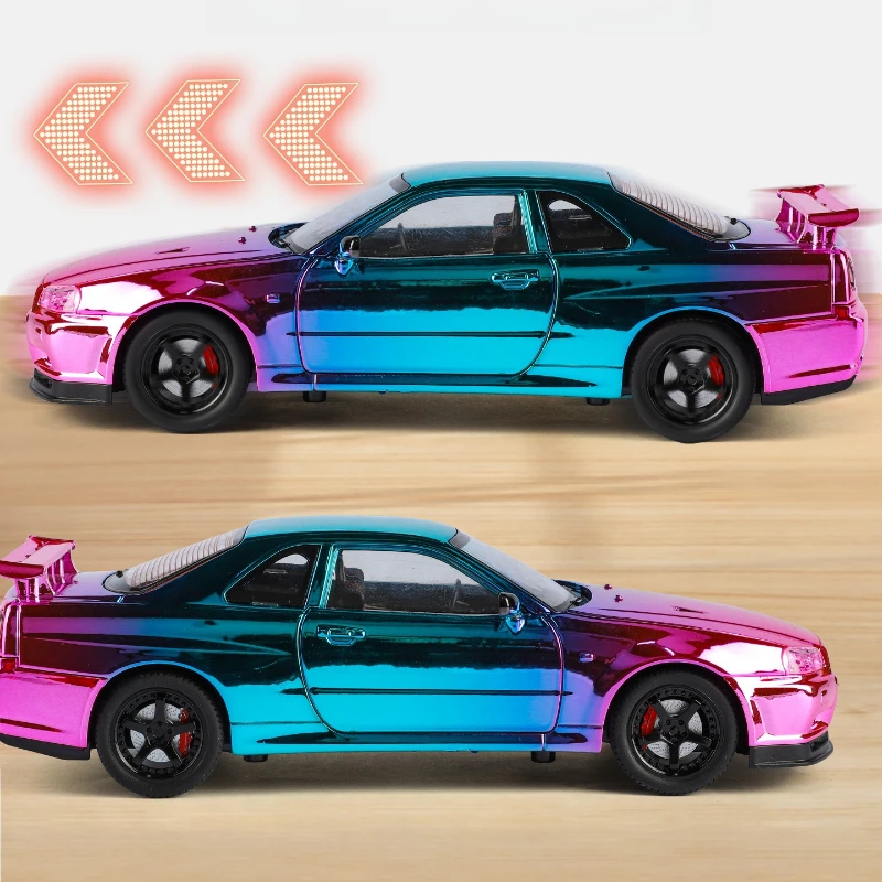 1:24 GTR R34 High Simulation Diecast Metal Alloy Model car Sound Light Pull Back Collection Kids Toy Gifts