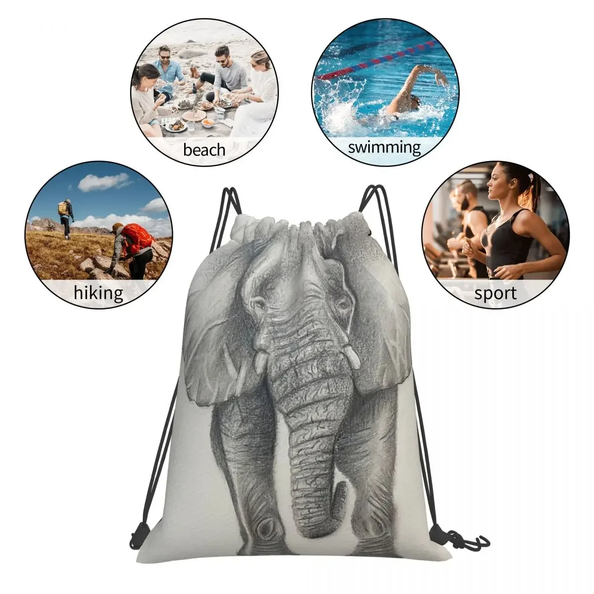 Mochilas de elefante en blanco y negro para hombre y mujer, bolsas portátiles con cordón, paquete de cordón, bolsa de almacenamiento de bolsillo, bolsa de libros para la escuela