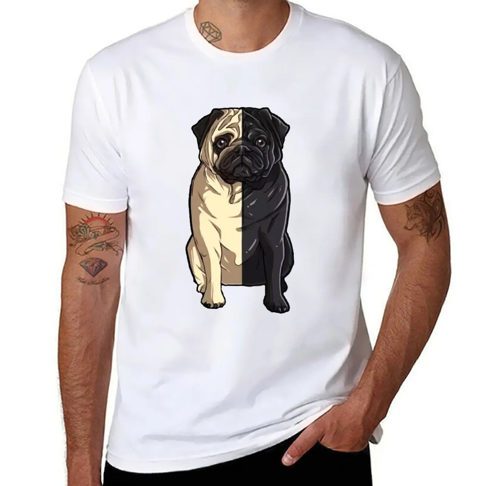 

Half Fawn Half Black pug T-Shirt t shirts cotton 100% t shirts for man cotton T-Shirt
