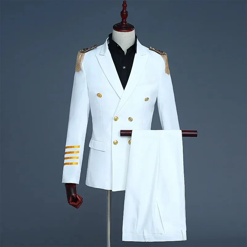 2025 New Navy Captain Officer Sailor Peacoat Costume Mens Blazer Suit Military Fringe Marching Band Jacket Uniform For Ad ☆wrl☆