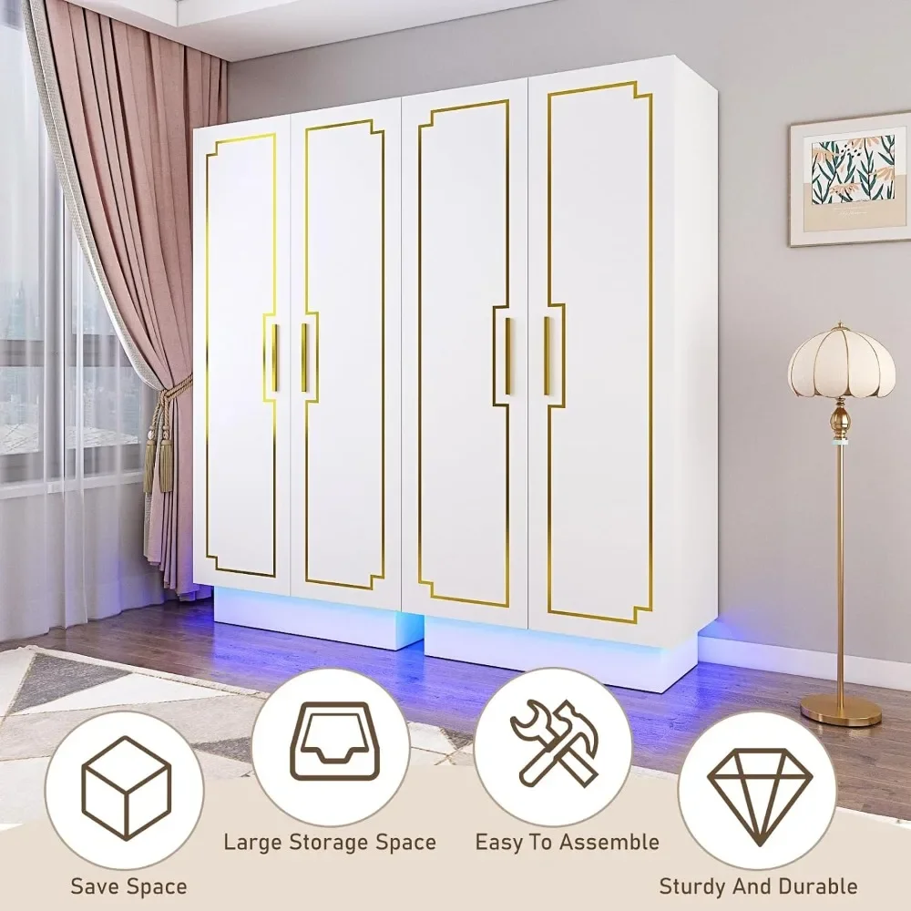 Modern 2 Doors  Wardrobe Closet&Cabinet with Hanging Rod, Freestanding Bedrooms Wardrobe with RGB LED 6000-color Lights