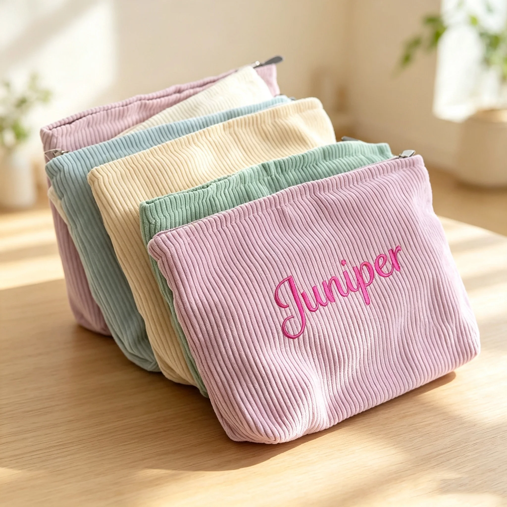 Personalized Custom Name Embroidered Corduroy Makeup Pouch, Large Capacity Travel Toiletry Bag Gift for Women, Multiple Colors