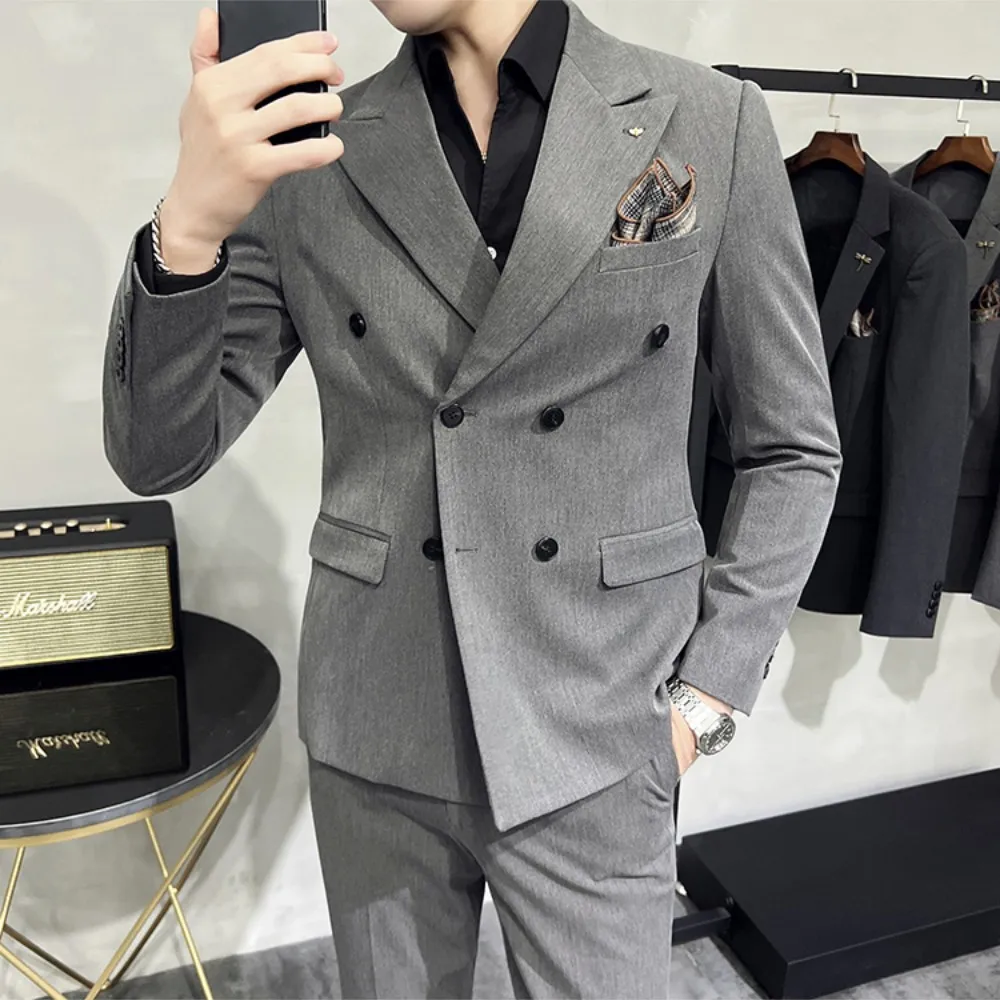 6 Buttons Men Suits Double Breasted Slim Fit Jacket Blazer Only Business Formal Costume Homme Black Striped Latest DesignFashion