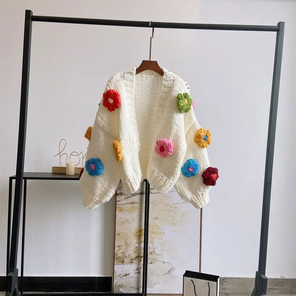 Womens Knit  Cardigan Colorful Big Flower Sweater Short Coat Autumn Winter