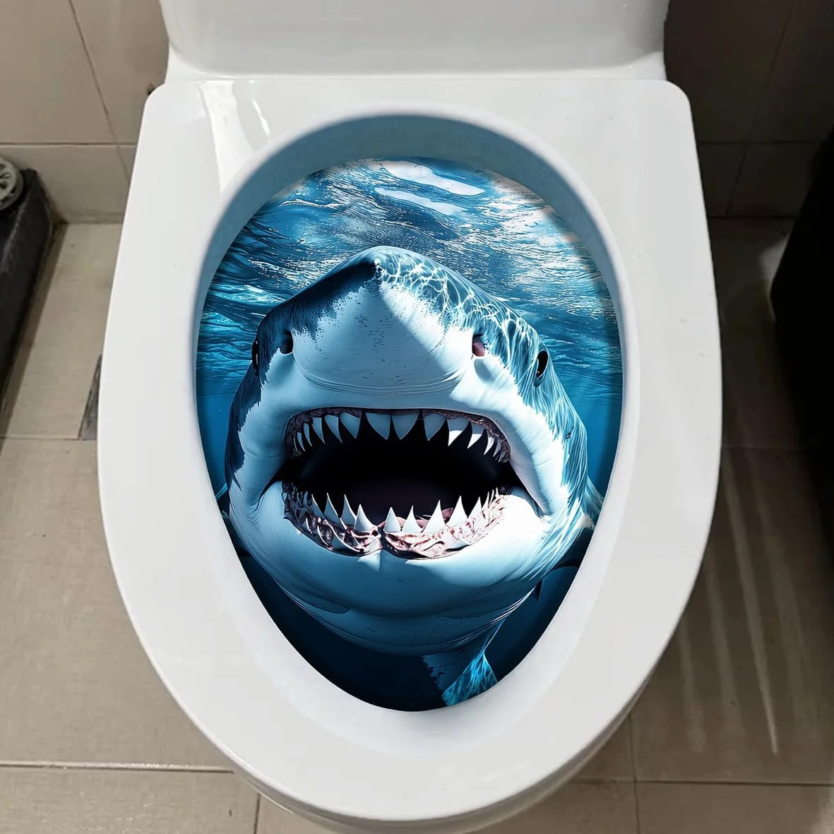 Great White Shark Toilet Self‑Adhesive Sticker Size 20.4x28cm Deep‑Sea Shark Breaking Through Window Realistic 3D Visual Effect