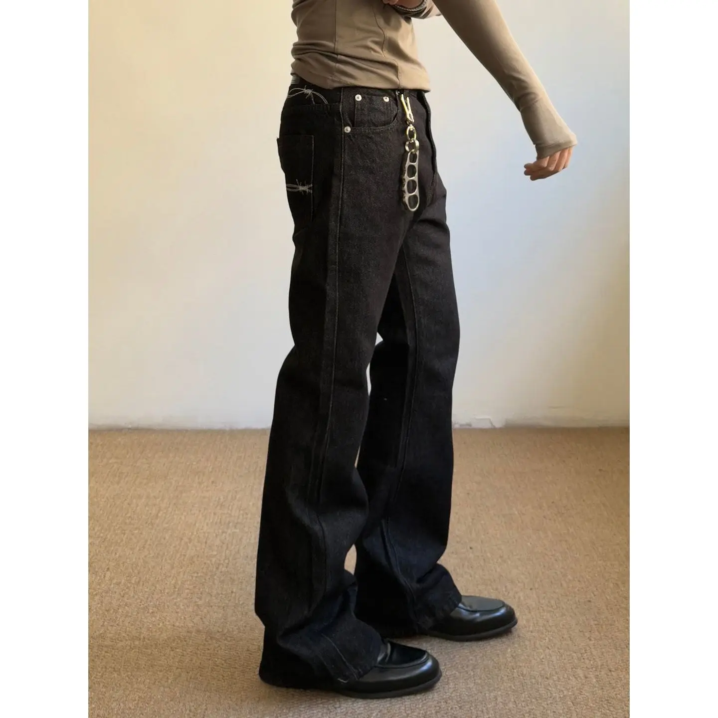 Men's Minimally Embroidered Jeans Casual Retro Sweatpants Cool Boy Pants High Waist Bottoms Male Wide Leg Straight Trousers