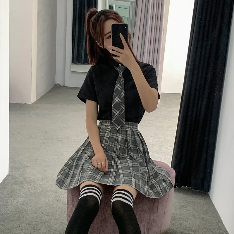 School Dresses For Girls Black Shirt With Tie Short-sleeved Navy Sailor Suit Large-size S-3XL Anime Form High School JK Uniforms