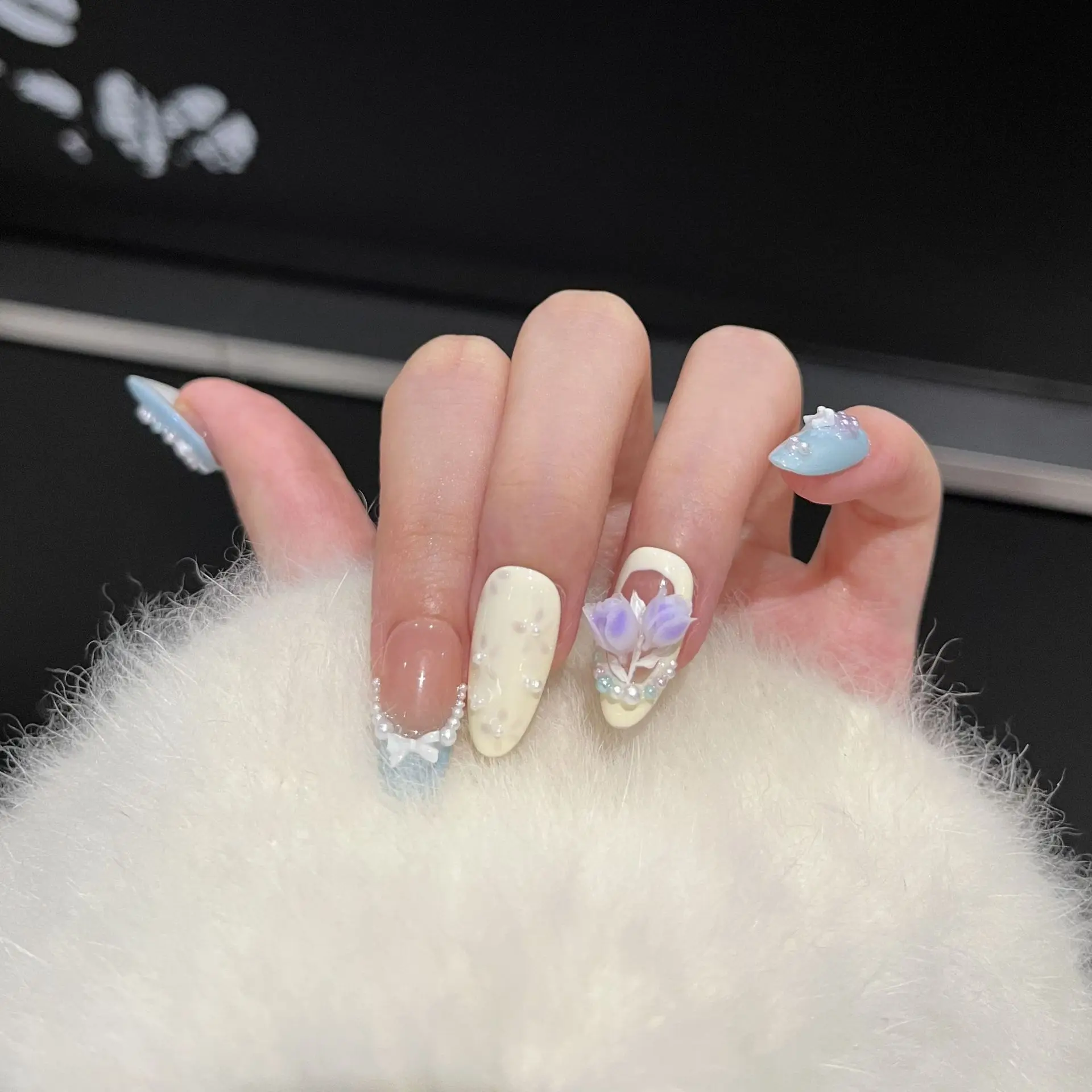 

10pcs Handmade Medium Oval Press on Nails Colorful 3D Flowers Wave Stripe Pearl Bow Design French False Nails Wearable Fake Nail