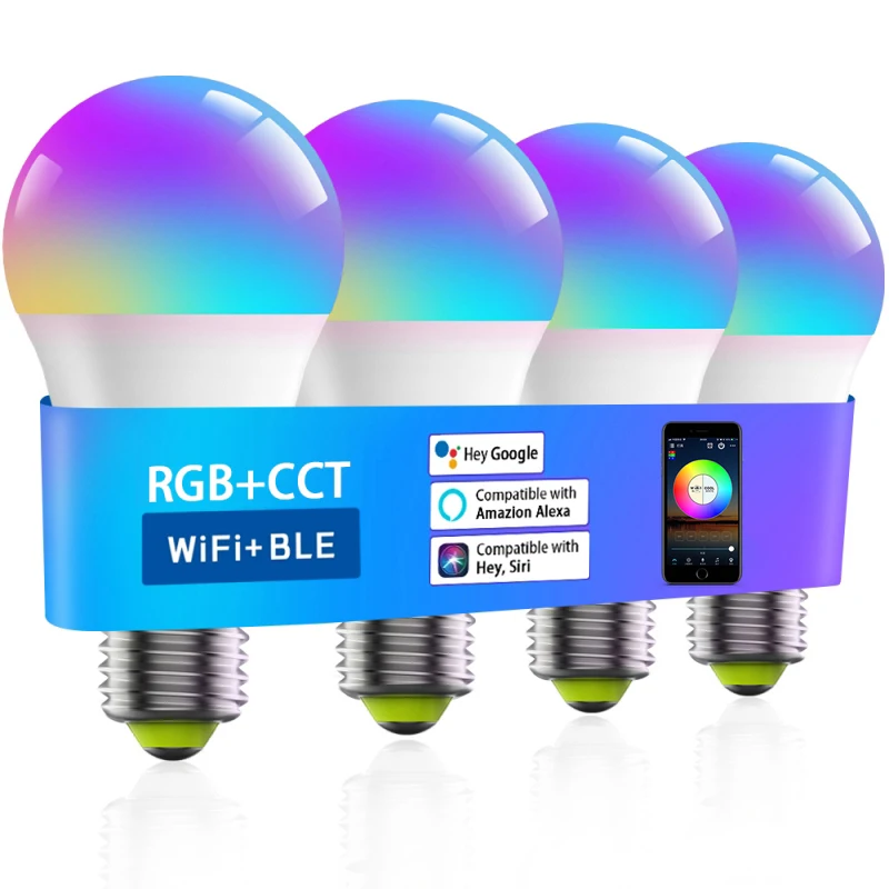 Ampoule intelligente WiFi E27 à intensité variable, RGBCW, lumière LED colorée 220V, réglage par application, Bluetooth, prise en charge de la commande vocale Alexa Google Home