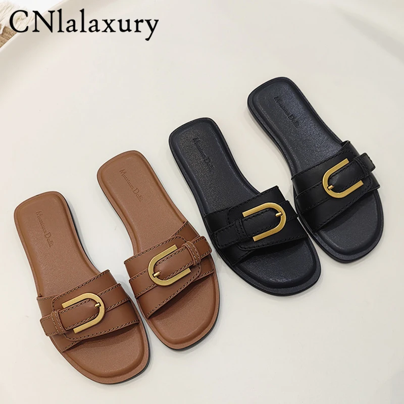 Slippers for Woman 2024 Summer Beach Flats Ladies Buckle Slides Gladiator Sandals Luxury Genuine Leather Mules Zapatos Mujer