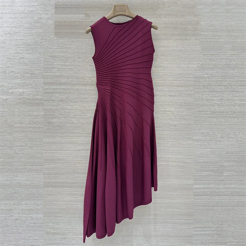

Women's dress 2026 Spring new elastic knitted slim long dress Asymmetric pleated dress Round neck sleeveless dress party dresses