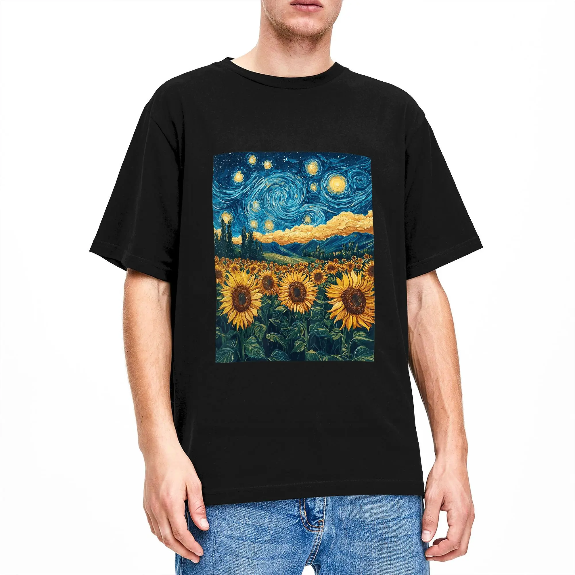 Sunflower Floral Flower Van Gogh Style Starry Night Graphic T Shirt  Fashion T-Shirts Short-Sleeve Vintage Tops Summer Cotton