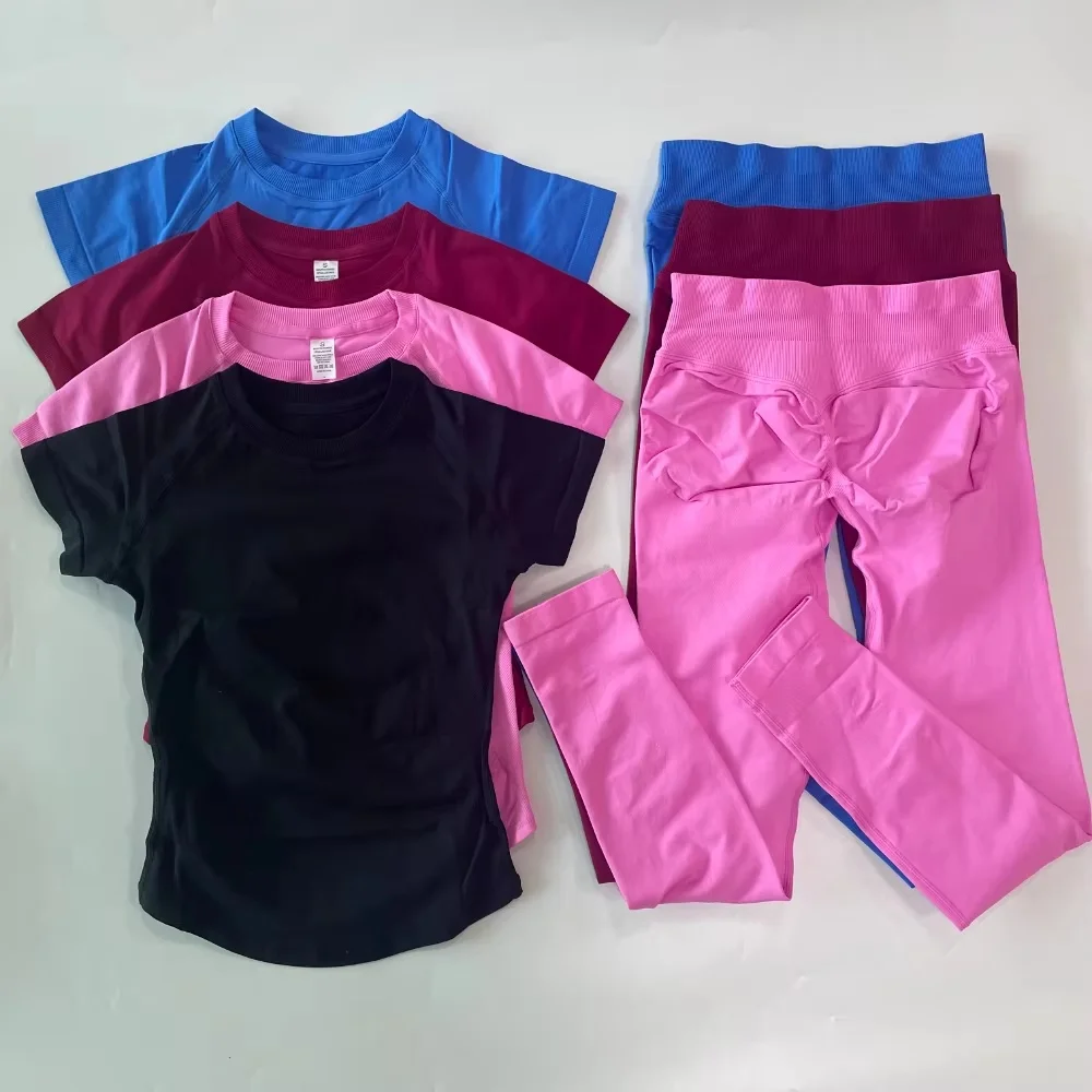 Women's Longline Gym Crop Top with High Waist Workout Shorts Sports Suit Fitness Clothes Yoga Set Short Sleeve Outfit