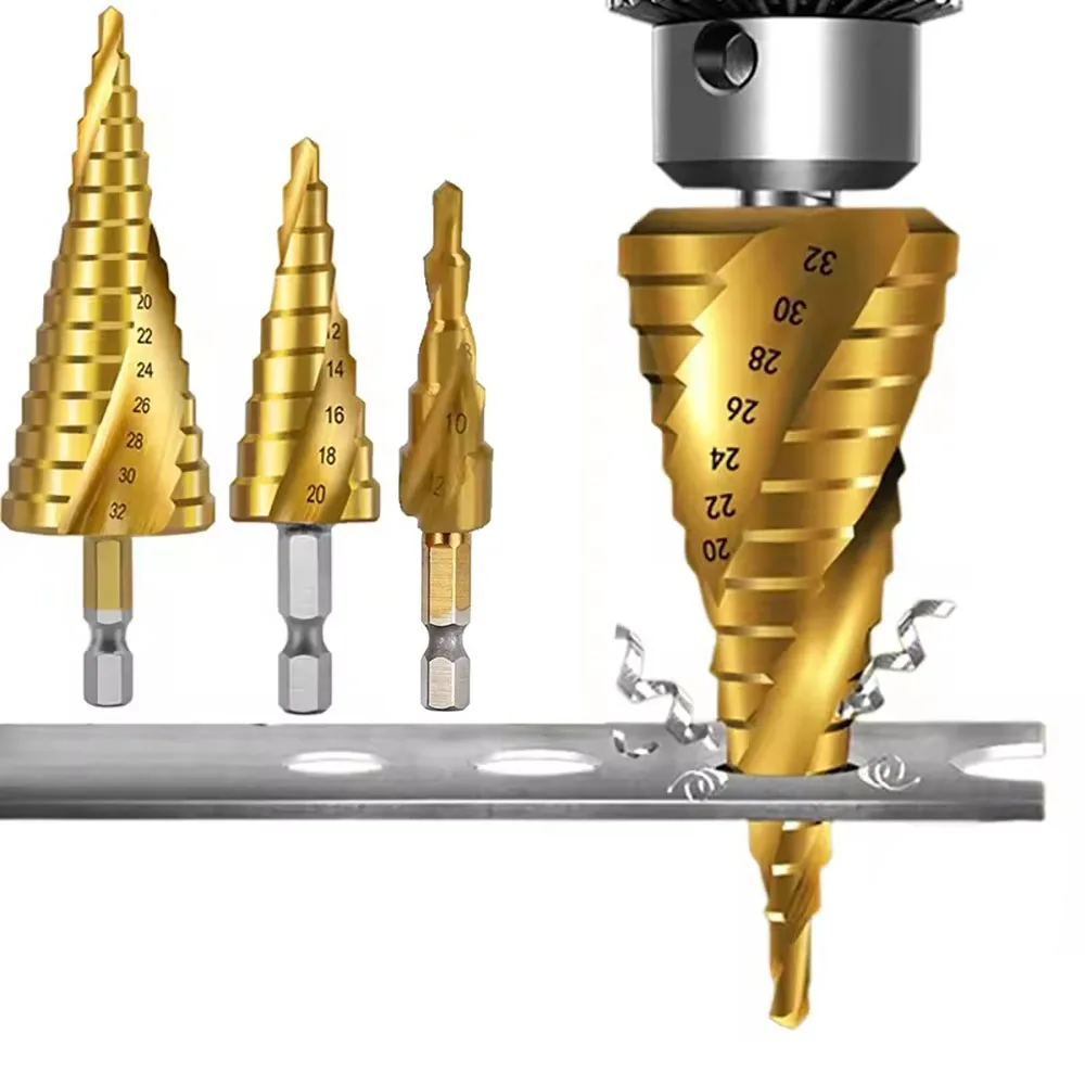 チタンメッキステップドリル、六角シャンク、スパイラル溝、4-12mm/4-20mm/4-32mm、Baotaドリルツールアクセサリーセット
