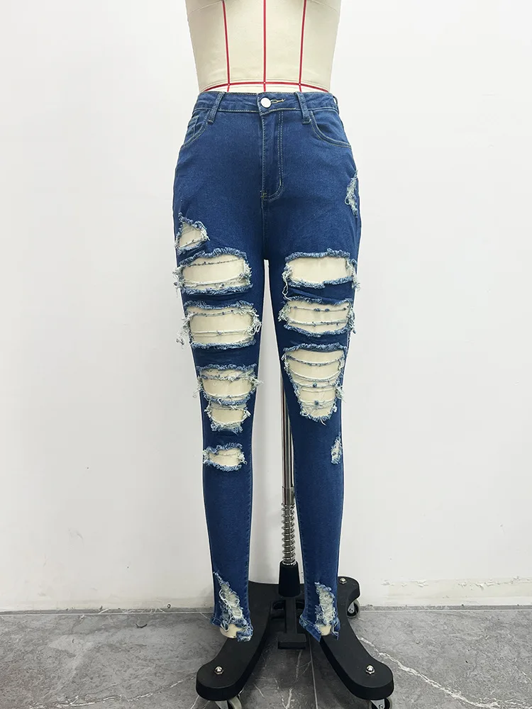 Mulheres de cintura alta rasgado jeans skinny, jeans compridos, área grande, rua, popular, novo