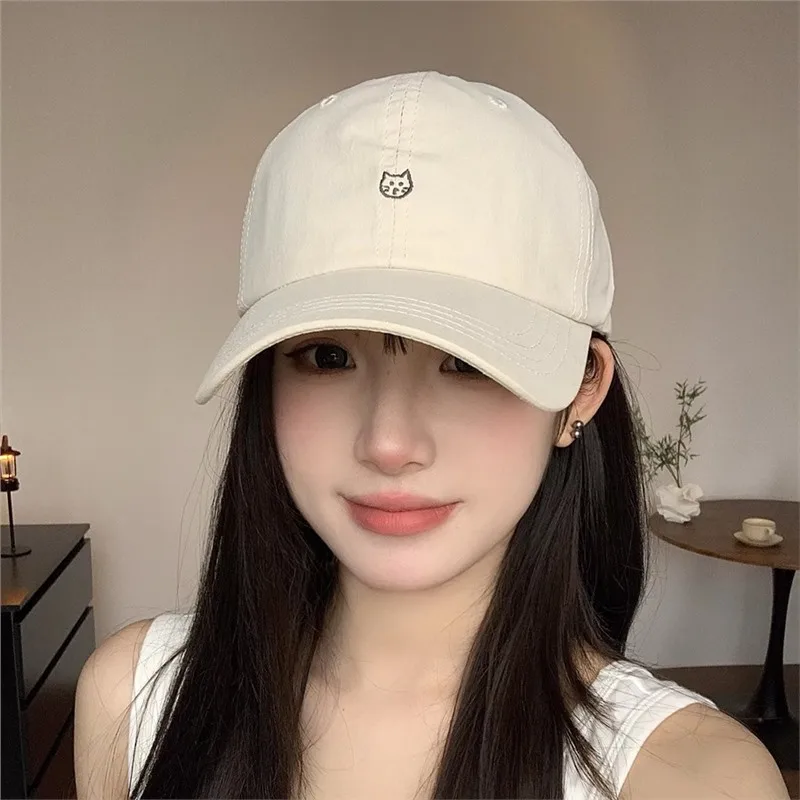 Cute Cat Embroidery Baseball Cap for Women Beige Soft Top Dad Hat Outdoor Sports Casual Baseball Cap for Women Girls