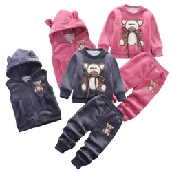 Hooded Vest+Sweater+Pants 3Pcs Suit Winter Warm Velvet Plush Cartoon Bear Kid Toddler Set Boys Girls Autumn Casual Clothes 1-4 Y