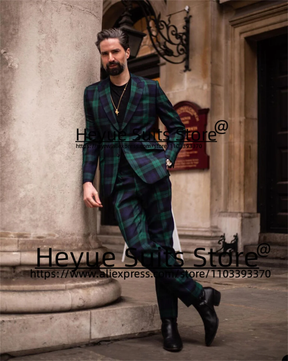 High-end Green Plaid Casual  Men Suits Slim Fit Peak Lapel Groom Formal Tuxedos 2 Pieces Sets Fashion Male Blazer Costume Homme