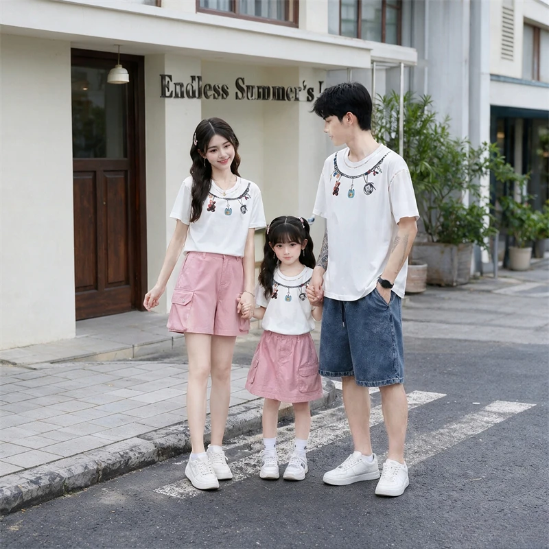 2026 Summer Mommy and Me Matching Art Print Tee Casual Short Sleeve Cotton Top for Mom Dad Kids Baby Bodysuit
