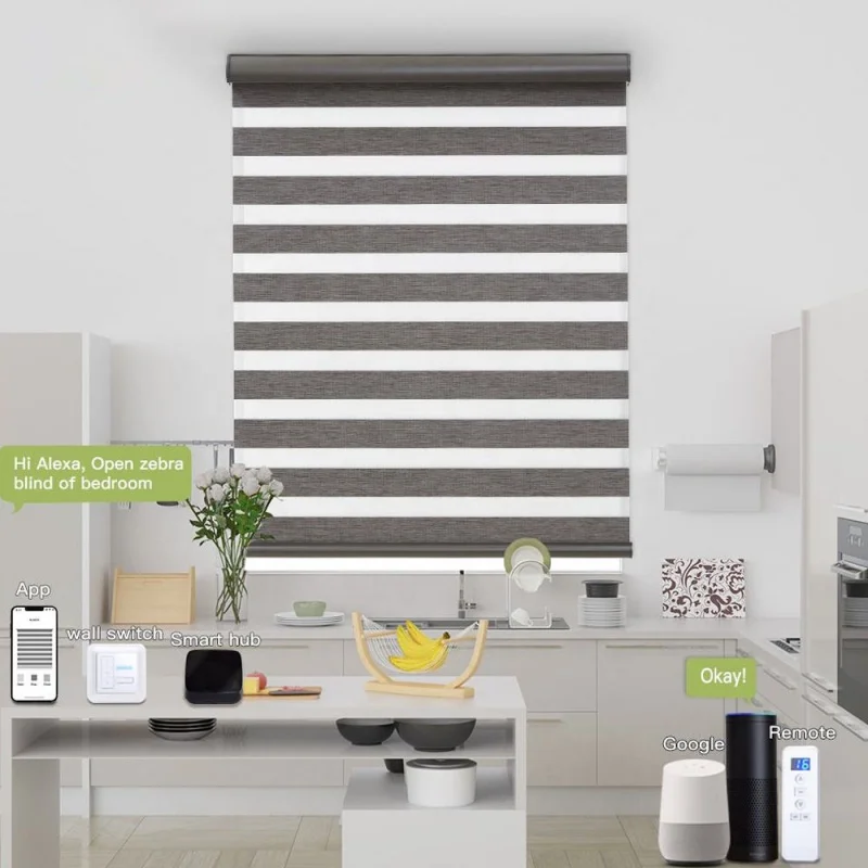 Wholesales Customized Shade Heat Insulation Waterproof Fabric Home Assistant Tuya Zigbee Motor Electric Zebra Blinds For House