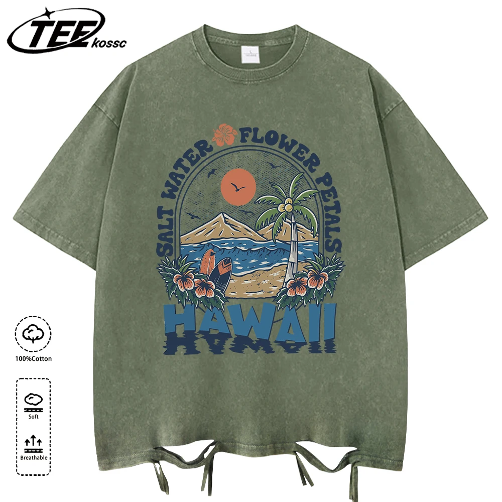 Hawall Salt Water Flower Bedrucktes Herren-T-Shirt mit gewaschenen Löchern, Sommer-T-Shirt mit O-Ausschnitt, bequemes Baumwoll-T-Shirt, All-Match-Unisex-Top