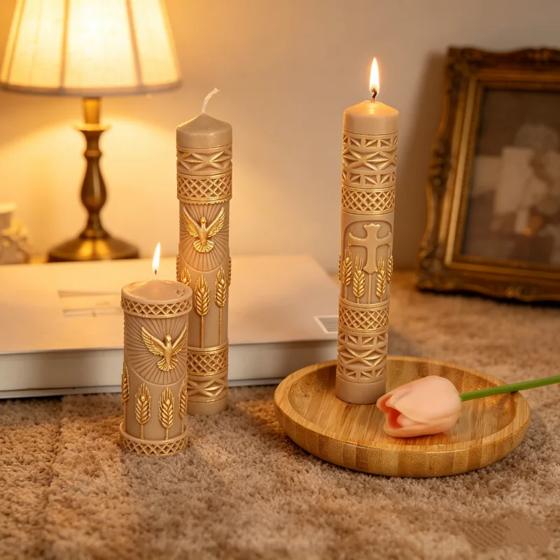 Relief Dove Holy Silicone Candle Pillar Molds DIY Wheat/Cross Embossed Retro Column Resin Crafts Plaster Tools Church Home Dec