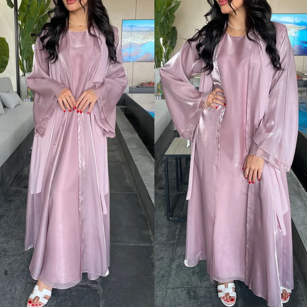 Eid Dubai Luxury Shiny Satin Open Kimono Abaya 2 Piece Set Muslim Modest Kaftan Dresses Islam Clothing for Women Robe Femme Gown