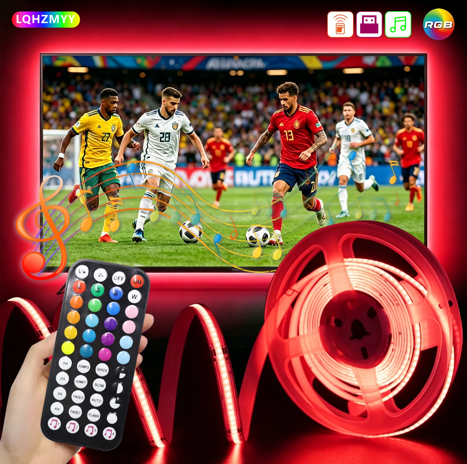 1Pcs Color-Changing Rgb Flexible Cob Led Light Strip, with 44-Key Sound-Sensing Multifunctional Remote Control, Can Control Color and Brightness, the Lights Dance with the Volume, a Cool Led Light Strip Suitable for Tv