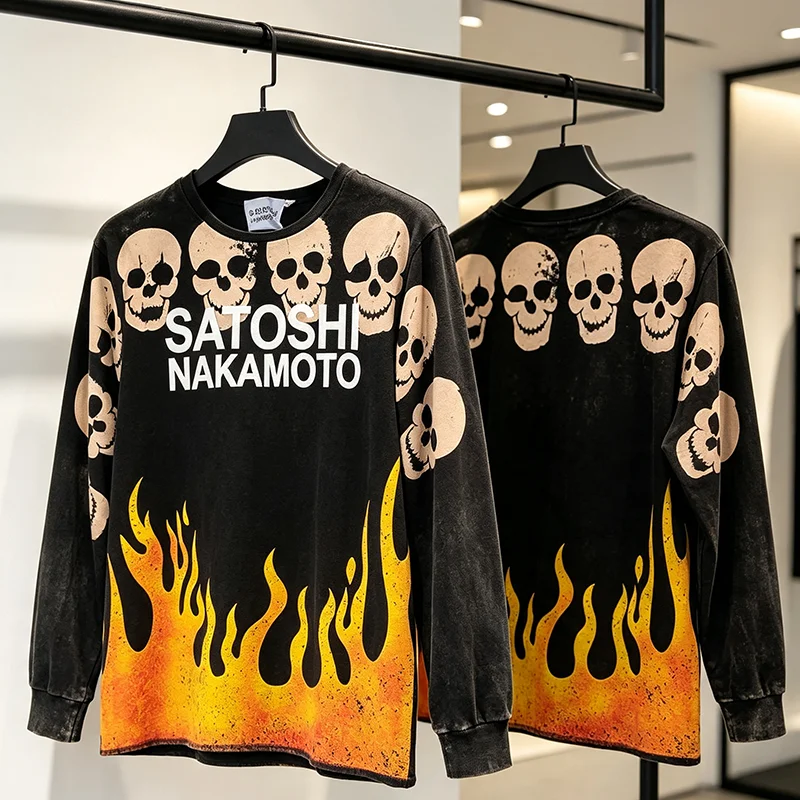 2026 New Arrival SATOSHI NAKAMOTO Men Women Fashion Long Sleeve Top Skull Sleeve Flame Hem Print Oversized Street Top