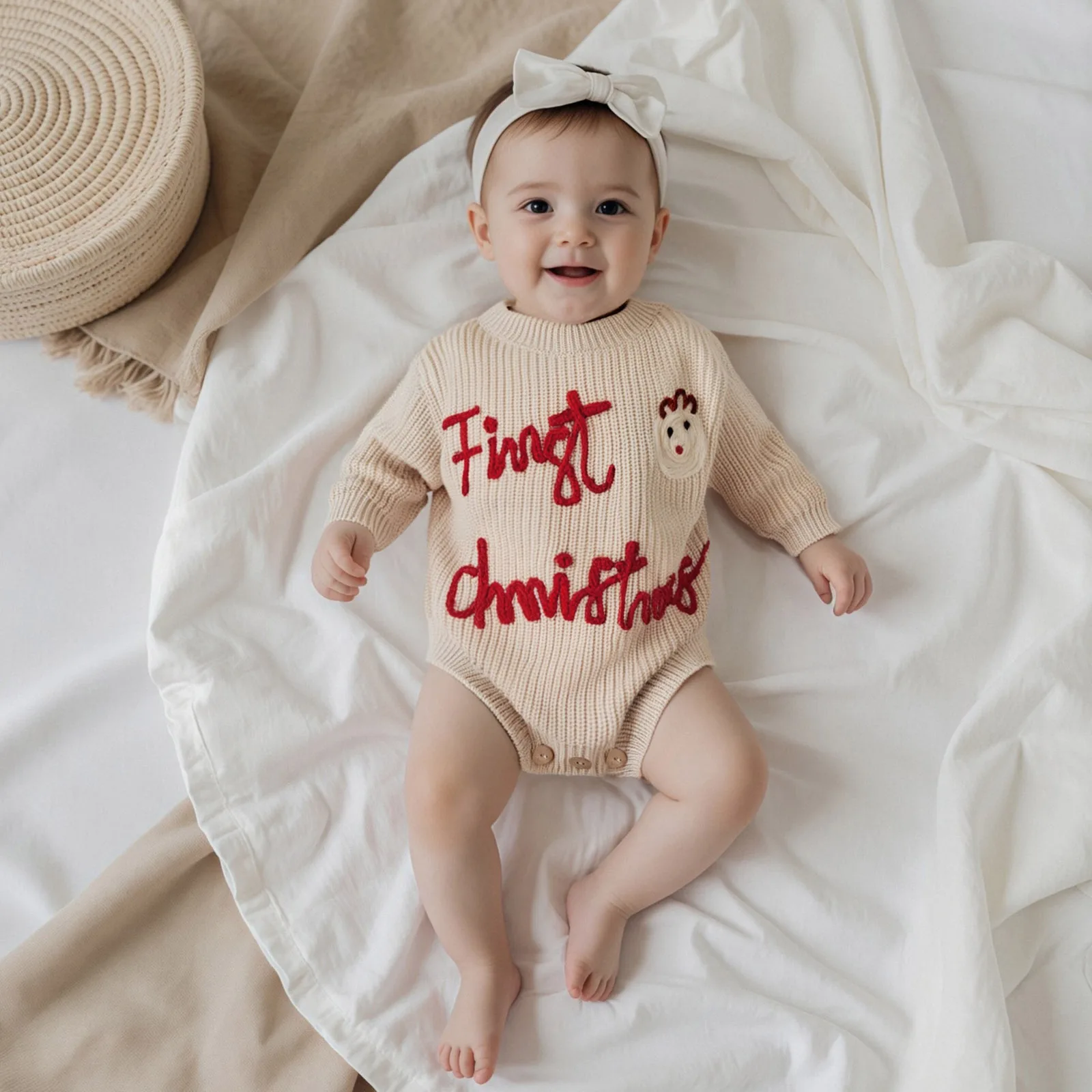 Baby-Strick-Strampler, langärmeliger Body mit Rundhalsausschnitt und Buchstaben, Weihnachtspullover für den Alltag
