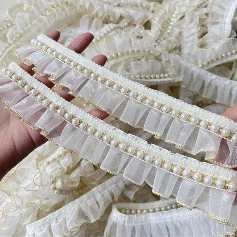 4CM Wide White Organza Tulle Fabric Frills Beaded Fringe Needlework Ruffles Lace Ribbon Golden Edge Trim Dress Apparel Diy Craft