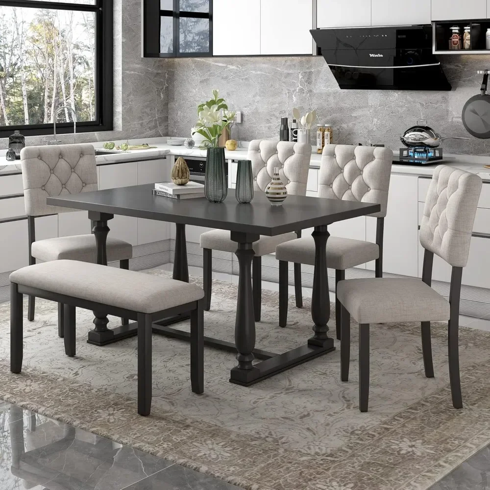 6-Piece Dining Table and Chair Set with Special-Shaped Legs and Foam-Covered Seat Backs&Cushions for Dining Room