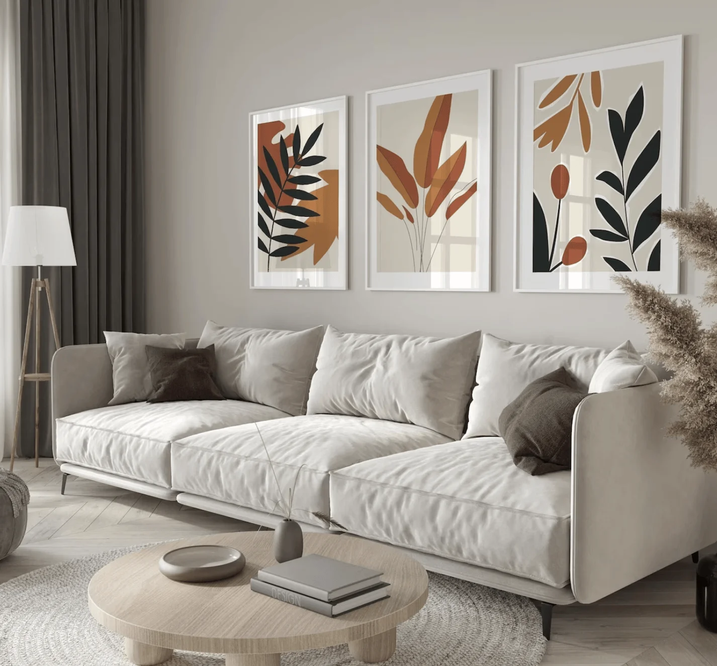 Boho Botanical 3 Panels Wall Art Canvas Prints, Terracotta Leaf Posters, Earth Tone Decor for Living Room Bedroom Decor