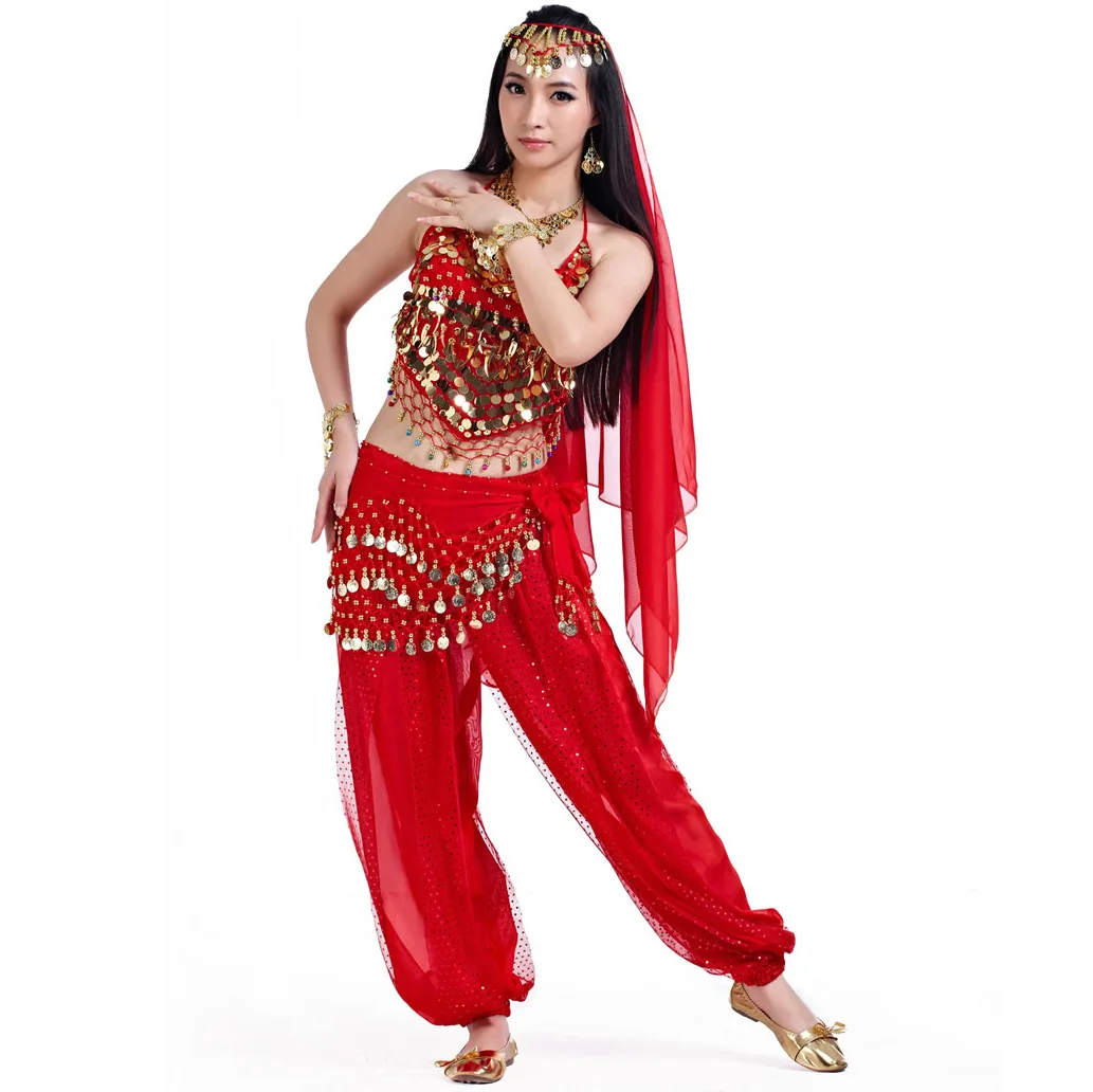 1set/lot belly dance costumes women  indian egyptian belly dress dance coin bra sequin pants waistchain and headwear