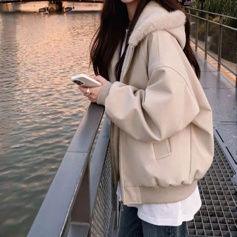 

Плюшевое толстое пальто из ягненка, хлопковая куртка, женская новинка 2025 года, зимняя толстовка с капюшоном, маленькая, короткая, теплая