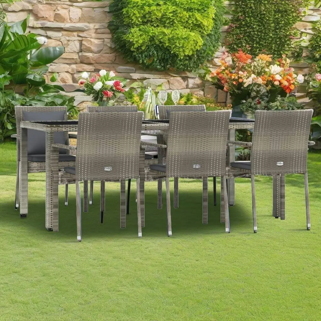 Juego de comedor para patio de ratán sintético gris de 7 piezas con cojines - Muebles de exterior para jardín y balcón