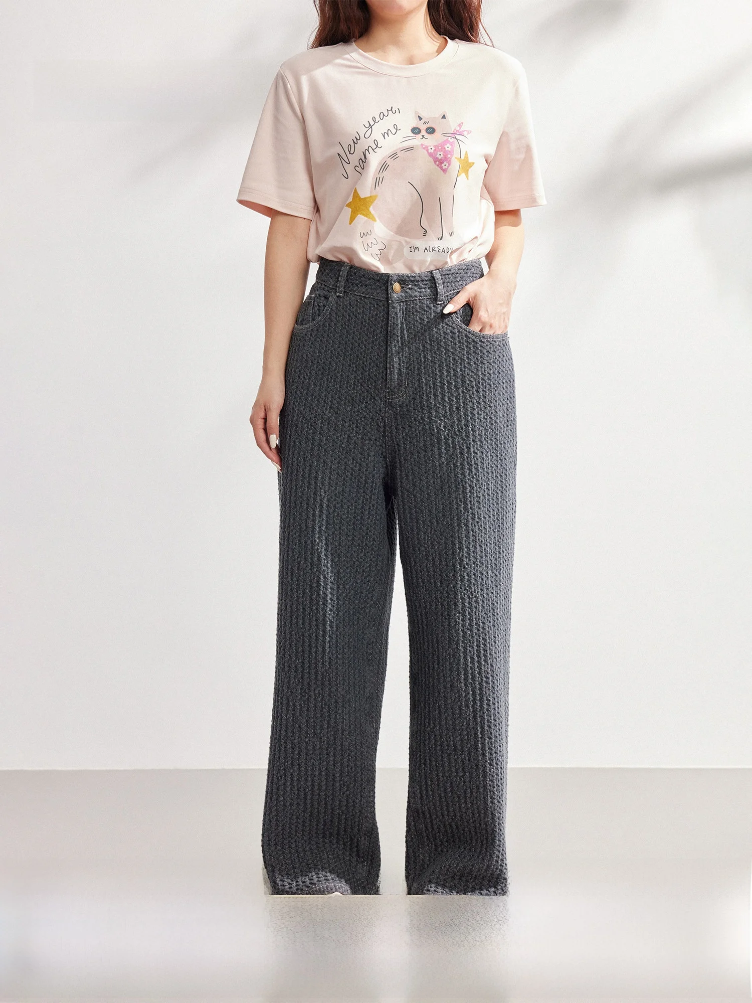 

Plusmall Vintage Washed Charcoal Sketch Wide Leg Jeans High Waist Textured Weave Slimming Effect Daily Wear Ladies Jeans