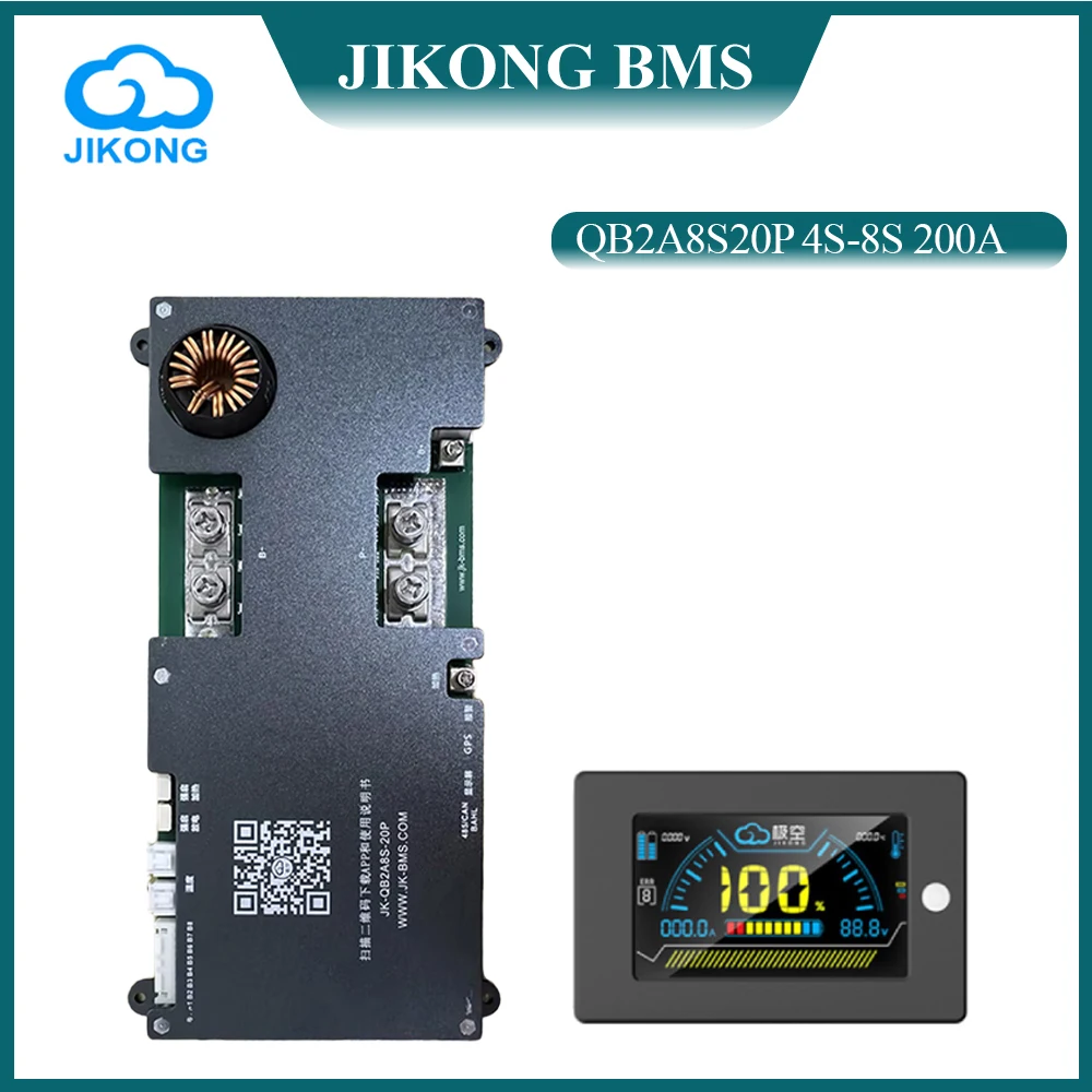 JK BMS QB2A8S20P lifepo4 BMS 4S 6S 7S 8S 12V 24V 200A 2A Active Balance BT Heat Display for Li-ion LTO Battery Smart Jikong BMS