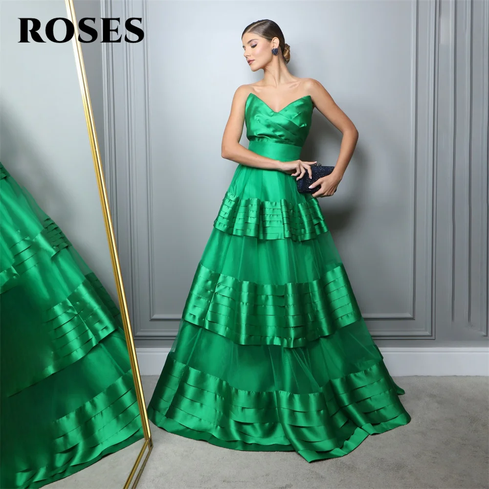 

ROSES Green A Line Chic Woman Evening Dress Gown Tiered Layer Stain Ball Gown V Neck Sleeveless Night Dress Gown robes de soirée