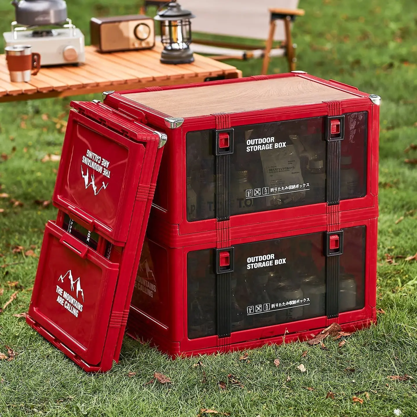 Red Foldable Outdoor Storage Box With Wooden Lid Transparent Side Door Stackable Waterproof Portable Camping Organizer For