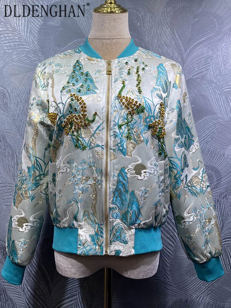 DLDENGHAN Diamanti Perline Cappotti Per Le Donne O-Collo Tasche A Maniche Lunghe Stile Cinese Jacquard Tuta Sportiva Autunno Femmine