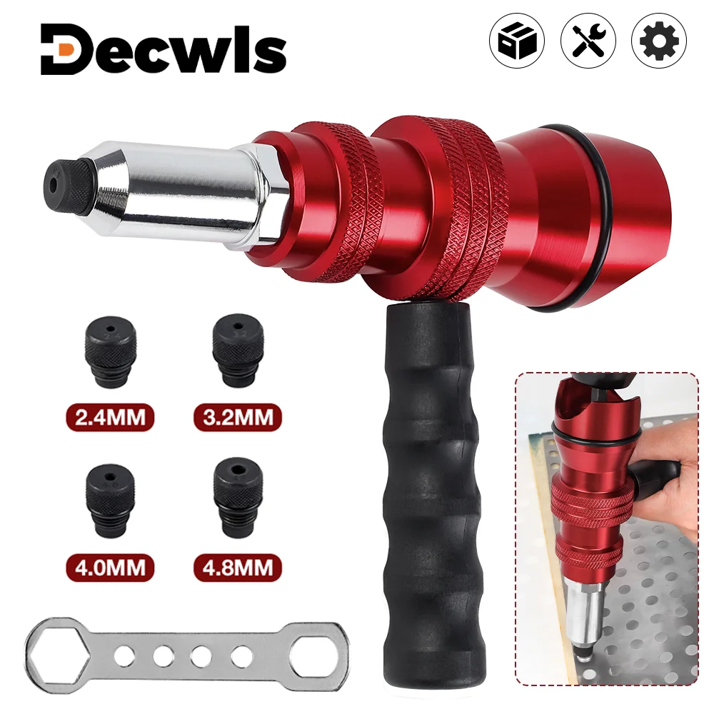 Nietmaschine, elektrischer Nietpistolen-Adapter 2,4 mm-3,2 mm-4,0 mm-4,8 mm Haushaltsnietwerkzeug, inklusive Griff, kabellose Multifunktions-Nietmaschine, geeignet für elektrische Bohrmaschinen
