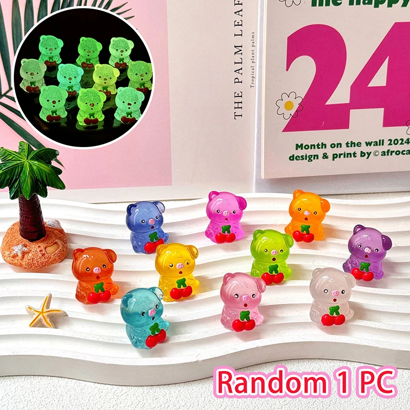 1PC Home Decoration Luminous Cherry Pig Miniature Figurines Pig Cake Toppers Mini Resin Figurines Toy DIY Crafts For Garden