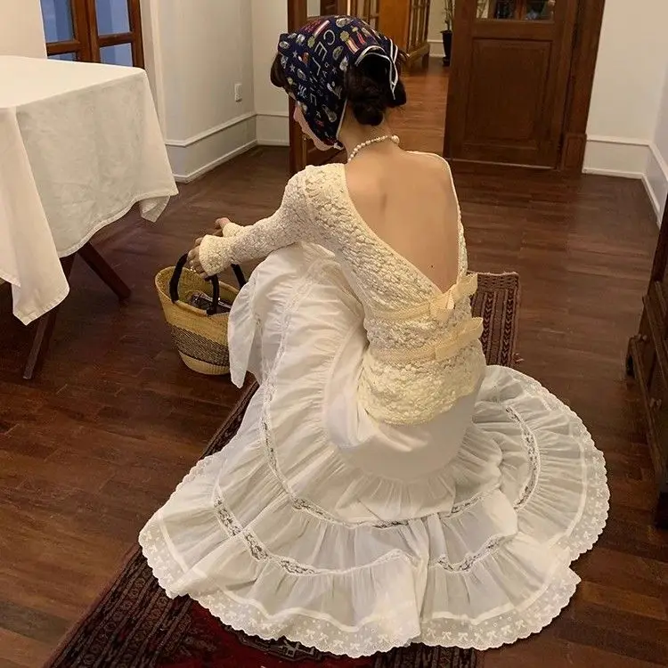 

Spring Daydream Blouse Women - Lace Jacquard Bow Tie Backless Chiffon Top, Sheer Sexy Solid Color Layering Shirt, Elegant Sleeve