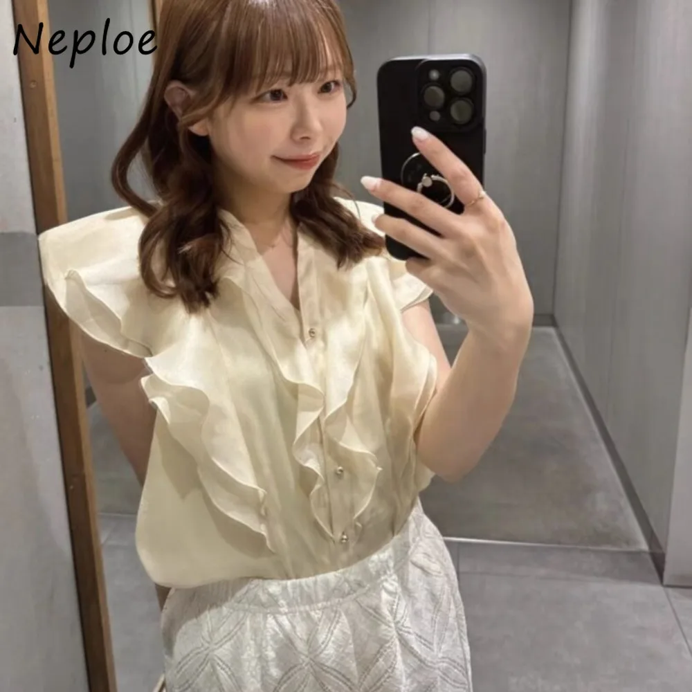 

Neploe Casual Flying Sleeve Celebrity Slim Shirt Elegant All-match Fresh Sweet Ruffles Blouses Japan Pure Desire Fairy Blusas