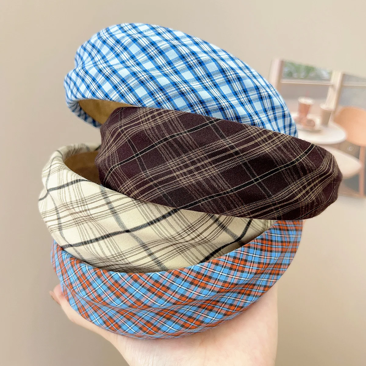 

Korean Style Fresh Wide Edge Concave-Convex High Skull Top Sponge Plaid Headband Hair Accessories