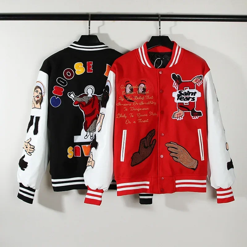 

Street Trendy Couple Casual Coats Hip Hop Pattern Letter Embroidery Baseball Uniform PU Sleeve Flocking Stitching Bomber Jackets