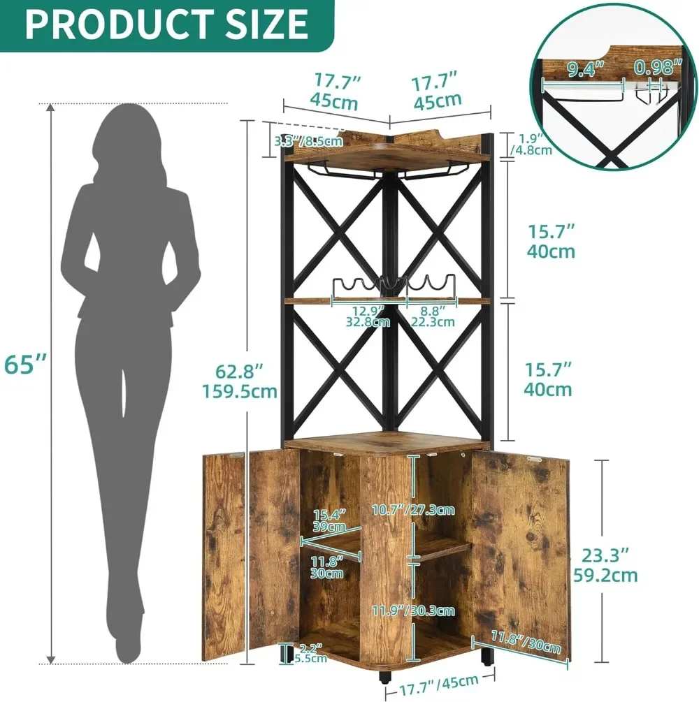 Mueble de barra esquinero con soporte para vidrio y vino, estante esquinero industrial con almacenamiento de vino, barra de gabinete para licores de 5 niveles