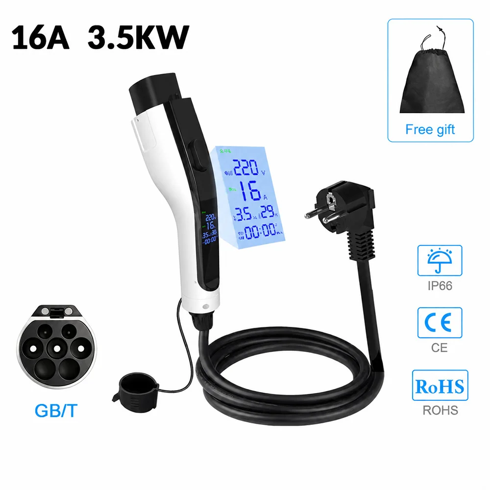 For Electric Vehicle 3.5KW 16A GB/T20234 EV Portable Charger 3M-20M Cable EVSE EU Plug Wallbox Adapter With Display Screen Safe